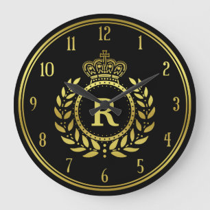 Royal Krona Laurel WandeBlack Guld Monogramme Stor Klocka