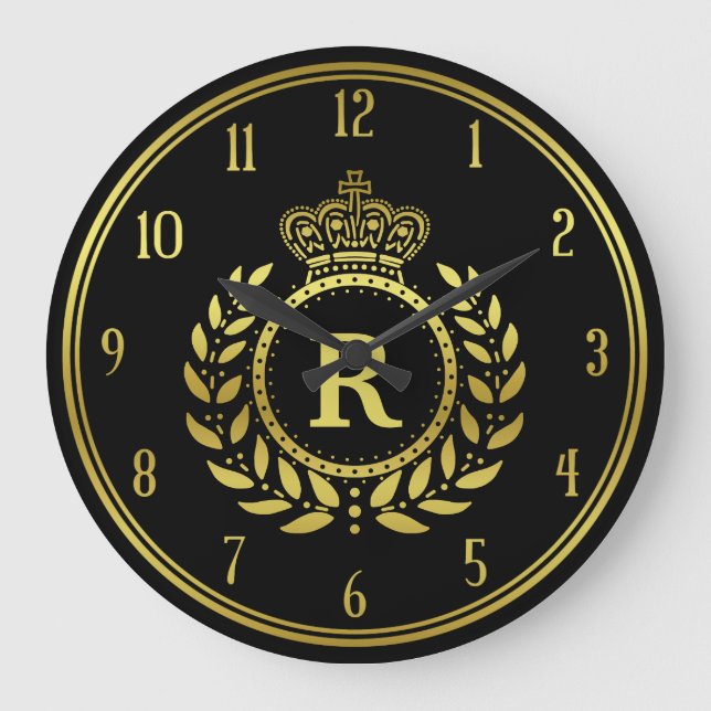 Royal Krona Laurel WandeBlack Guld Monogramme Stor Klocka (Framsida)