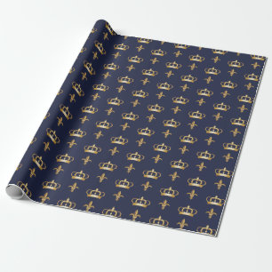 Royal Krona och Fleur de Lis Mönster på Blue Presentpapper