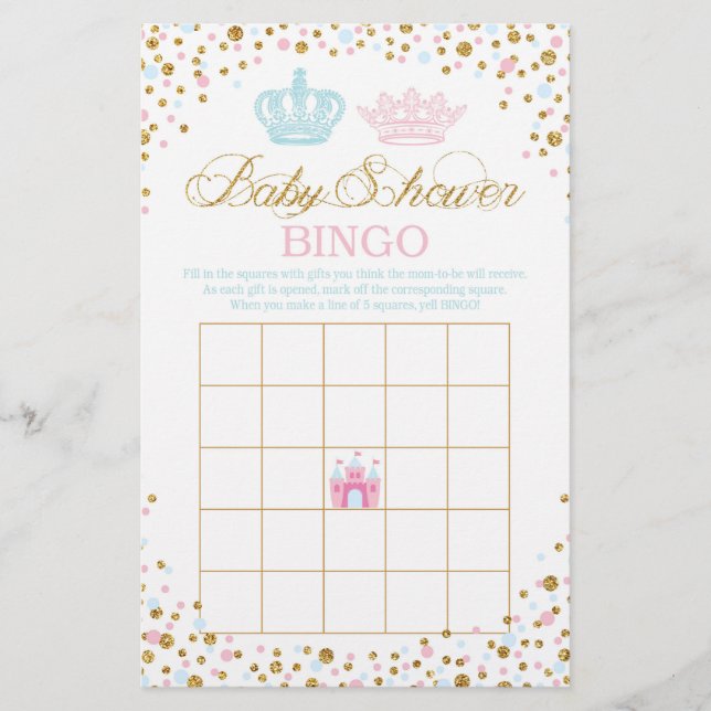 Royal Krona Prince Princess Baby Shower Bingo Flygblad (Framsidan)