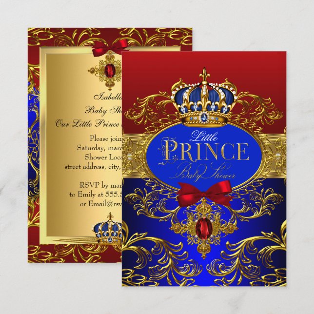 Royal Krona Red & Blue Little Prince Baby Shower Inbjudningar (Fram/baksida)