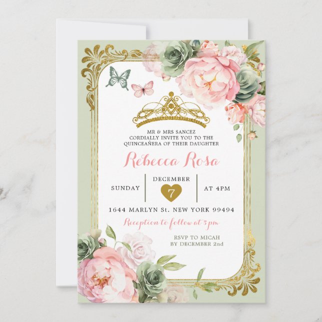 Royal Krona Sage Grönt Ljus rosa Quinceañera Inbjudningar (Framsida)