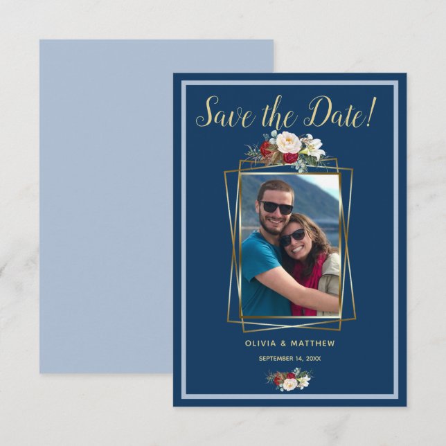 Royal-Light Blue Watercolor  and Red Peony Inbjudningar (Fram/baksida)