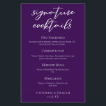 Royal Lila Bröllop Namnteckning Cocktails Menu<br><div class="desc">Royalet lila bröllop namnteckning cocktails-meny med vackra vita typografier på en djup violett för en kvällsceremoni på vintern. Minimalistiskt skript och ett fet färg gör att pub-utskriften dyker upp och står ut från folkmassan.</div>
