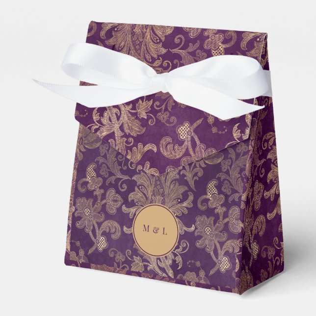 Royal Lila Damask Monogram-favoritruta för bröllop Presentaskar (Framsidan Sidan)
