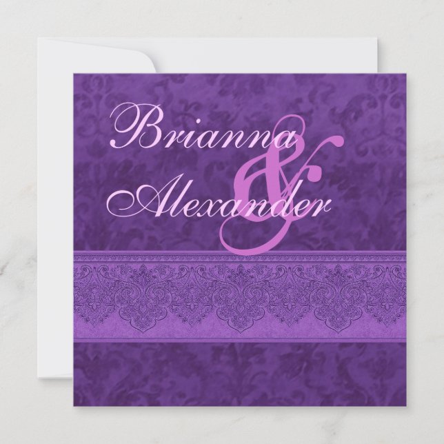 Royal Lila Damask och Snöre bröllopsinbjudning Inbjudningar (Framsida)