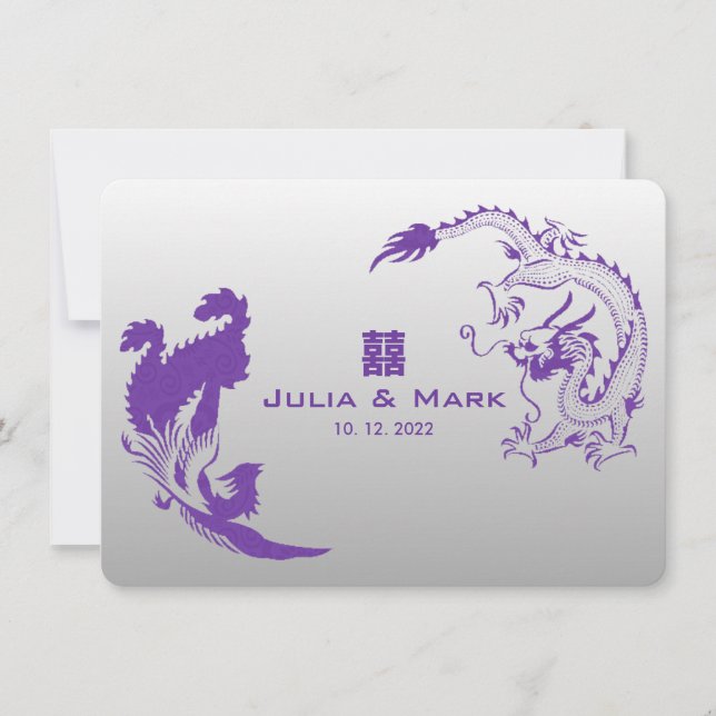 ©Royal Lila Dragon-Phoenix Chinese Bröllop Inbjudningar (Framsida)
