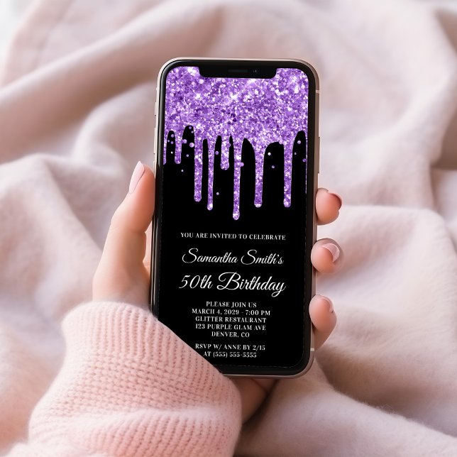 Royal Lila Dripping Glitter Black 50:e födelsedage Inbjudningar (Royal Purple Dripping Glitter Black 50th Birthday Invitation)