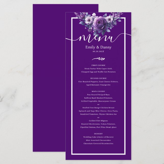 Royal Lila Elegant Violet Botanical Bröllop Menu Meny (Fram/baksida)