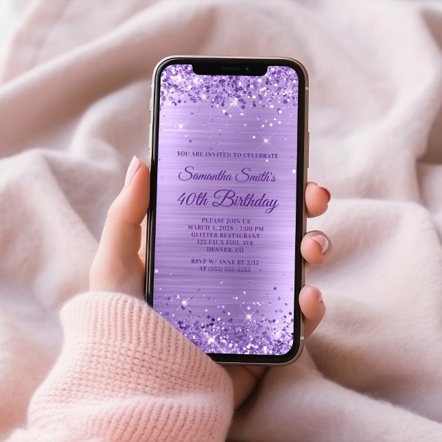 Royal Lila Glitter Amethyst Foil 40 Birthday Inbjudningar (Royal Purple Glitter Amethyst Foil 40th Birthday Invitation)