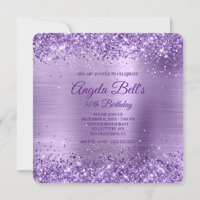 Royal Lila Glitter Brushed Foil 50:e födelsedagen Inbjudningar (Baksida)