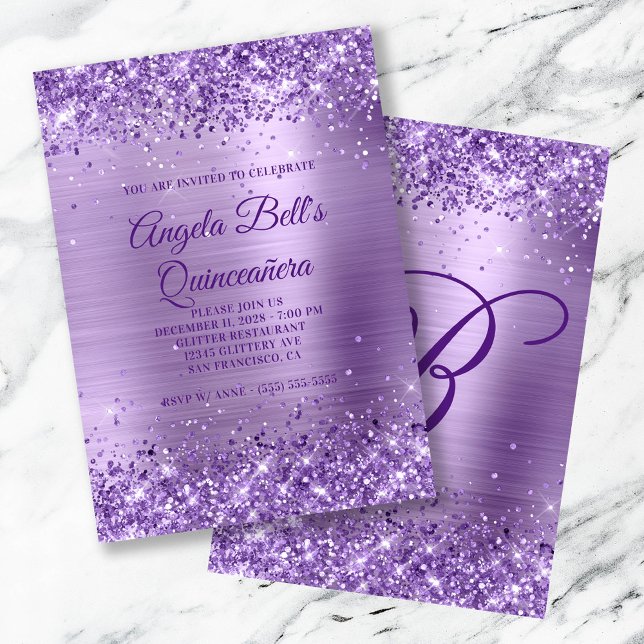 Royal Lila Glitter Brushed Foil Quinceanera Inbjudningar (Royal Purple Glitter Brushed Foil Quinceanera Invitation)