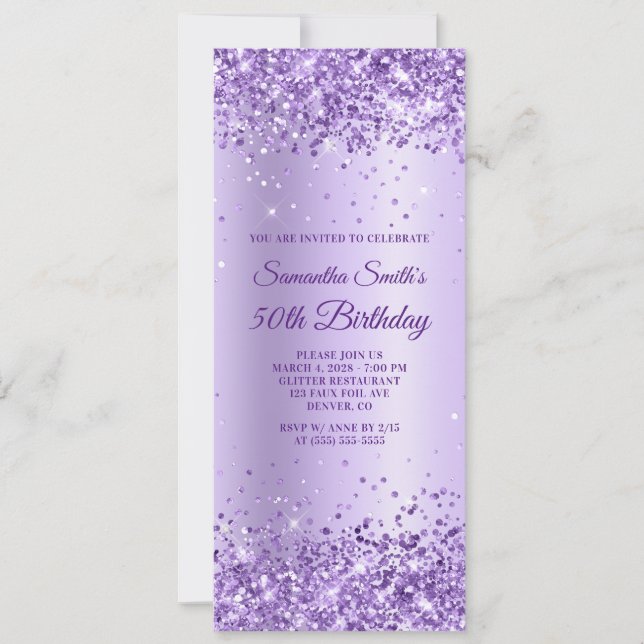 Royal Lila Glitter Lavender Satin 50:e födelsedage Inbjudningar (Framsida)