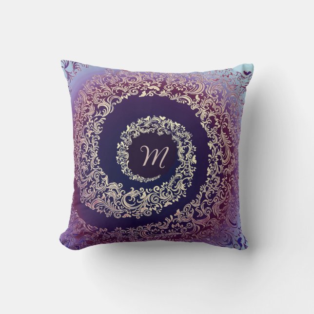 Royal Lila & Guld Damask Monogram Kudde (Framsida)