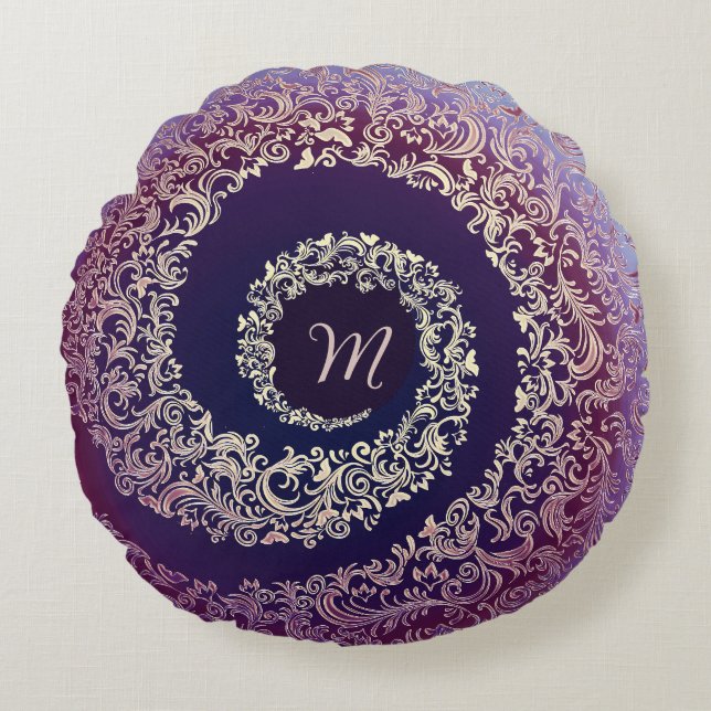 Royal Lila & Guld Damask Monogram Rund Kudde (Framsidan)