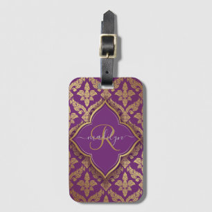 Royal Lila Guld Damask Pattern Fleur Monogram Bagagebricka