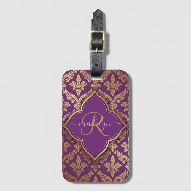 Royal Lila Guld Damask Pattern Fleur Monogram Bagagebricka (Framsida vertikal)