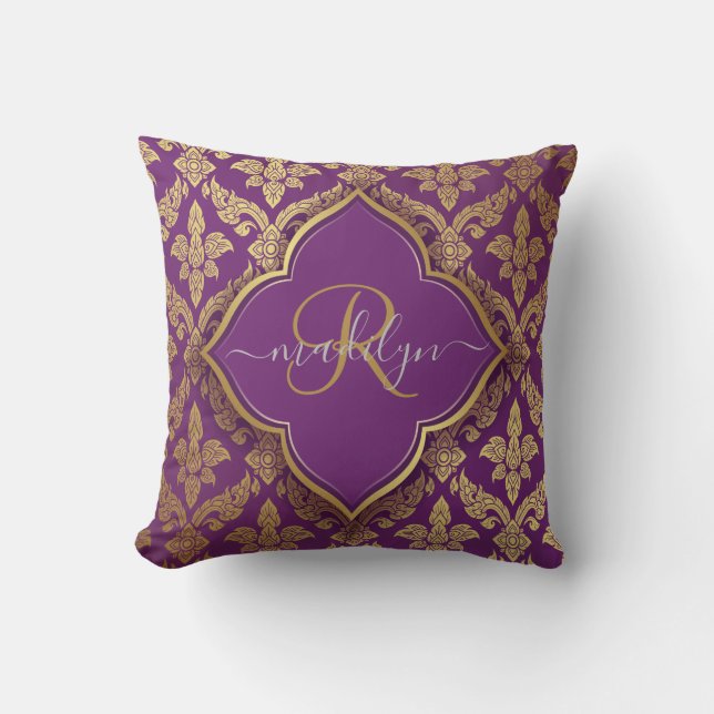 Royal Lila Guld Damask Pattern Fleur Monogram Kudde (Framsida)