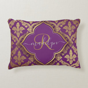 Royal Lila Guld Damask Pattern Fleur Monogram Prydnadskudde