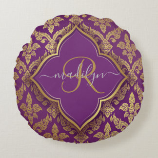 Royal Lila Guld Damask Pattern Fleur Monogram Rund Kudde