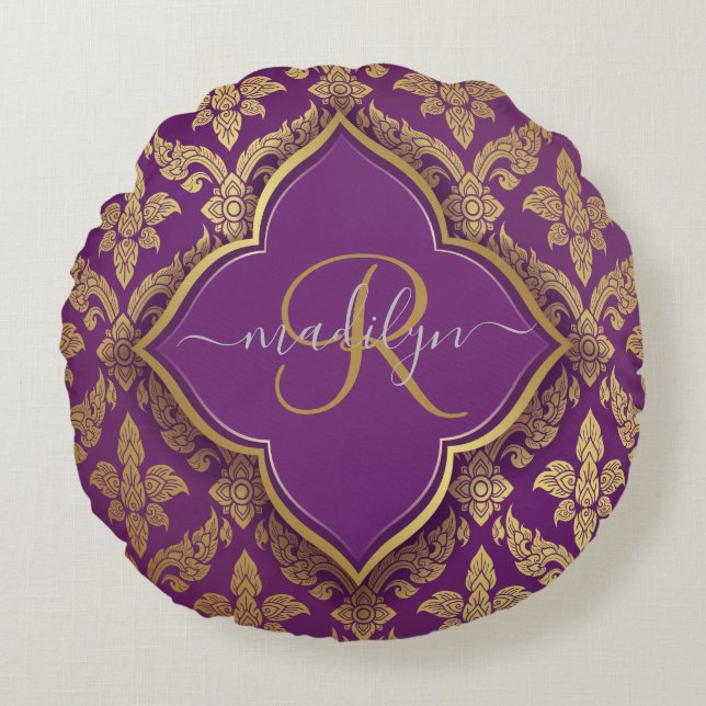Royal Lila Guld Damask Pattern Fleur Monogram Rund Kudde (Framsidan)