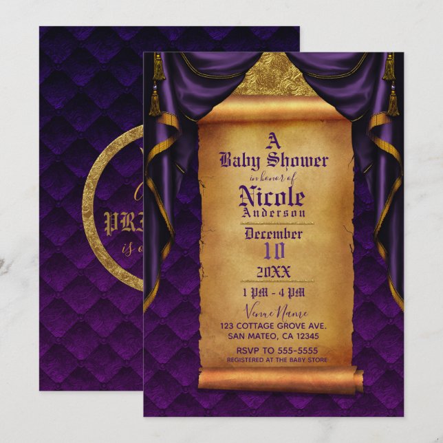Royal Lila & Guld Drapes Rulla Baby Shower Inbjudningar (Fram/baksida)