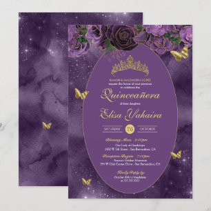 Royal Lila Guld Luxury Butterfly Quinceanera Inbjudningar