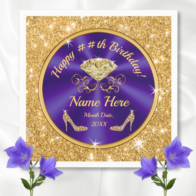 Royal Lila, Guld, Personlig av födelsedagslöjor Pappersservett (Purple and Gold Birthday Theme. Gorgeous, Purple Birthday Napkins, 3 sizes. Birthday Party Napkins.)