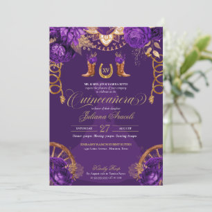 Royal Lila Guld Ro Charro Western Quinceanera Inbjudningar