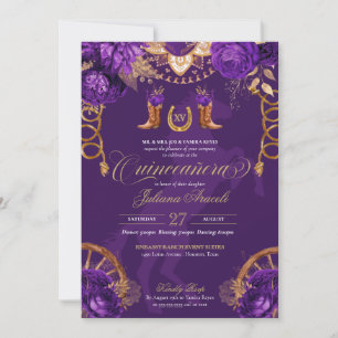 Royal Lila Guld Ro Elegant Charro Quinceanera Inbjudningar