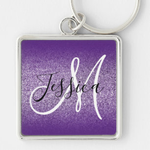 Royal Lila Ombre Kant Amethyst Glitter Monogram Fyrkantig Silverfärgad Nyckelring