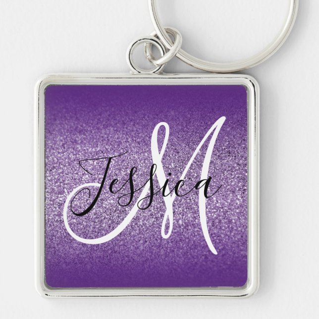 Royal Lila Ombre Kant Amethyst Glitter Monogram Fyrkantig Silverfärgad Nyckelring (Framsidan)