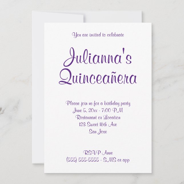 Royal Lila Quinceañera Calligraphy Birthday Inbjudningar (Framsida)
