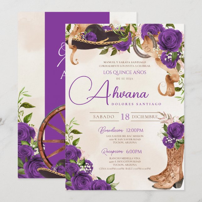 Royal Lila Quinceanera Ro Charro Western Inbjudningar (Fram/baksida)
