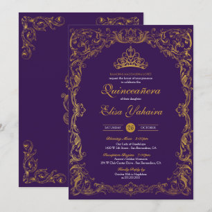 Royal Lila Regal Guld Tiara Princess Quinceanera Inbjudningar