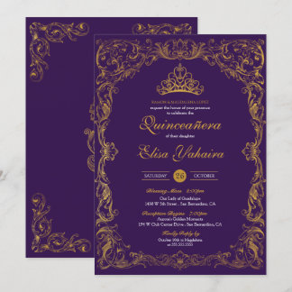 Royal Lila Regal Guld Tiara Princess Quinceanera Inbjudningar