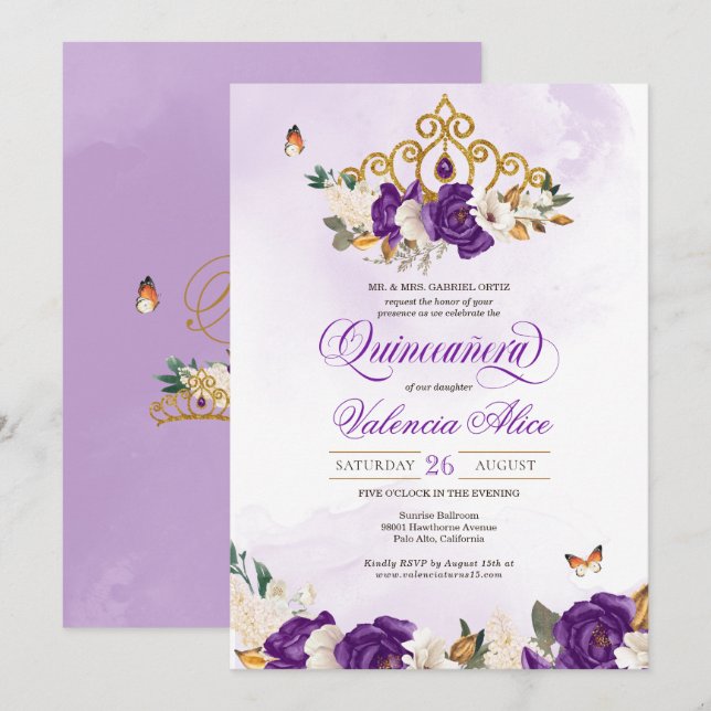 Royal Lila Ro Butterfly Princess Quinceanera Inbjudningar (Fram/baksida)