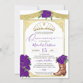 Royal Lila Ro Guld Blommigt Charro Quinceanera Inbjudningar