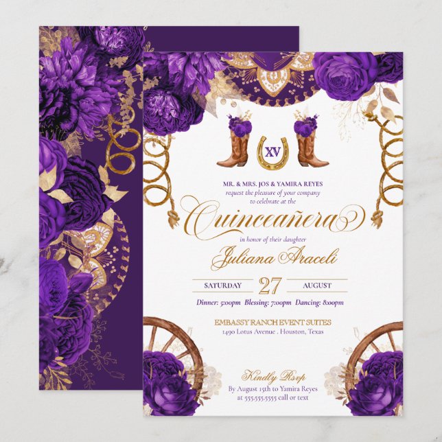 Royal Lila Ro Land Westerna Quinceanera Inbjudningar (Fram/baksida)