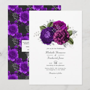 Royal Lila & Silver Blommigt QR-kod OSA Bröllop Inbjudningar