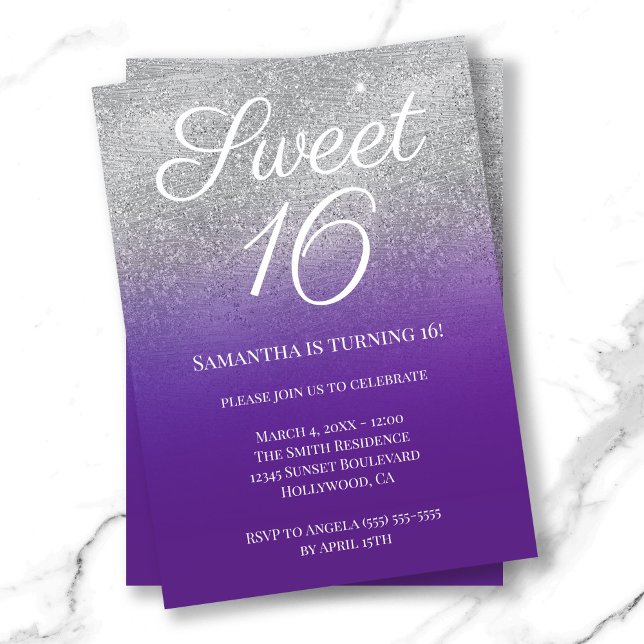 Royal Lila Silver Ombre Glitter Sweet 16 Inbjudningar (Royal Purple Silver Ombre Glitter Sweet 16 Invitation)