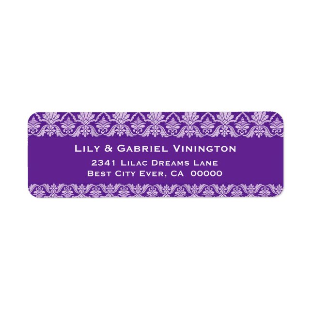 Royal Lila Snöre Bröllop Damask P550 Returadress Etikett (Framsidan)