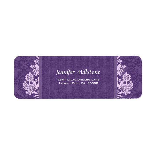 ROYAL LILA Swirl Damask Wedding Address Label Returadress Etikett (Framsidan)
