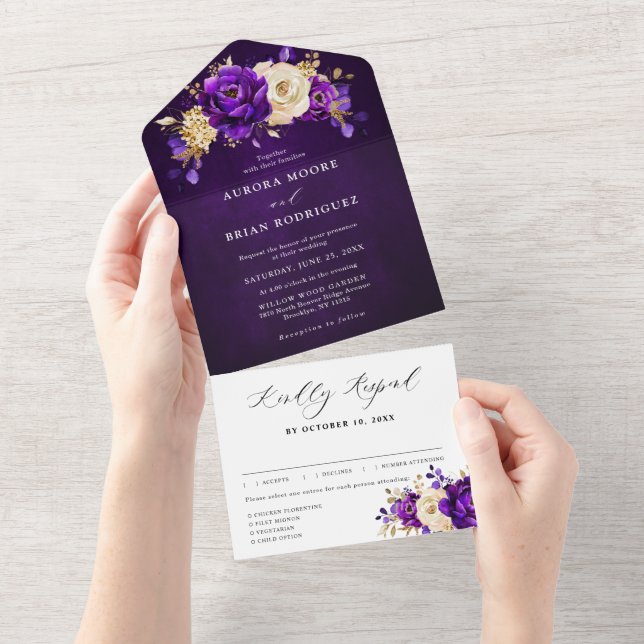 Royal Lila Violet Guld Blommigt Botaniska Bröllop (Tearaway)