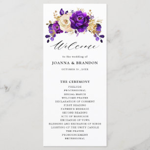 Royal Lila Violet Guld Blommigt Botaniska Bröllop Program