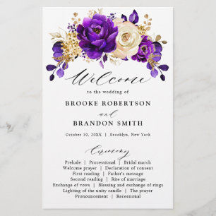 Royal Lila Violet Guld Blommigt Bröllopsprogram