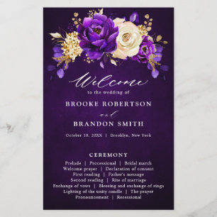 Royal Lila Violet Guld Blommigt Bröllopsprogram