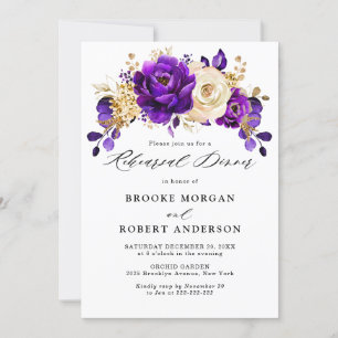 Royal Lila Violet Guld Blommigt Rehearsal Middag Inbjudningar