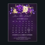 Royal Lila Violet Guld Blommigt Spara datum efter Vykort<br><div class="desc">Elegant royal lila guld-temat bröllop spara datum-vykort med elegant-bouquet royal lila,  Indigo,  guld,  gult färg-blommor och eukalyptus ro. Kontakta mig om du behöver hjälp med anpassning eller om du behöver någon annan produkt med den här designen.</div>