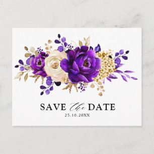Royal Lila Violet Guld Blommigt Spara datum Vykort